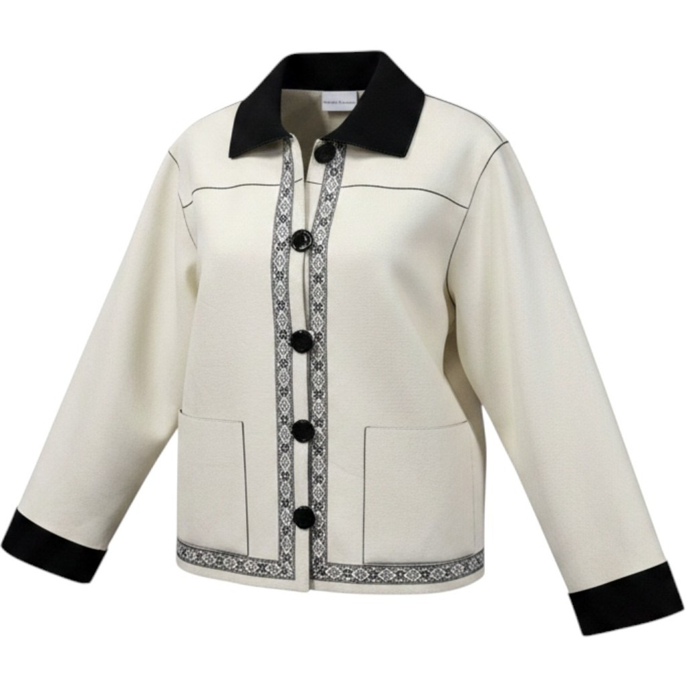Alfred Dunner Jacket Women 18 Cream Black Faux Suede Embroidered Toggle Trim